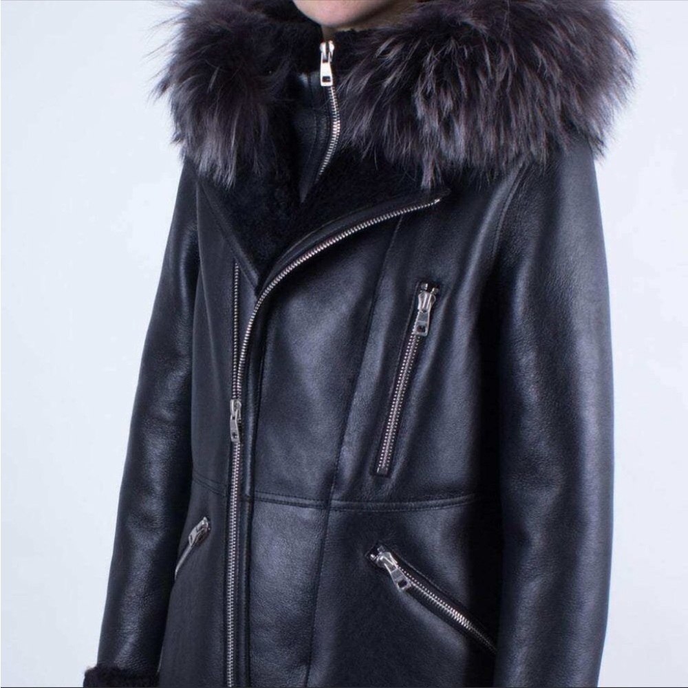 Intuition Paris shearling double zip hooded coat